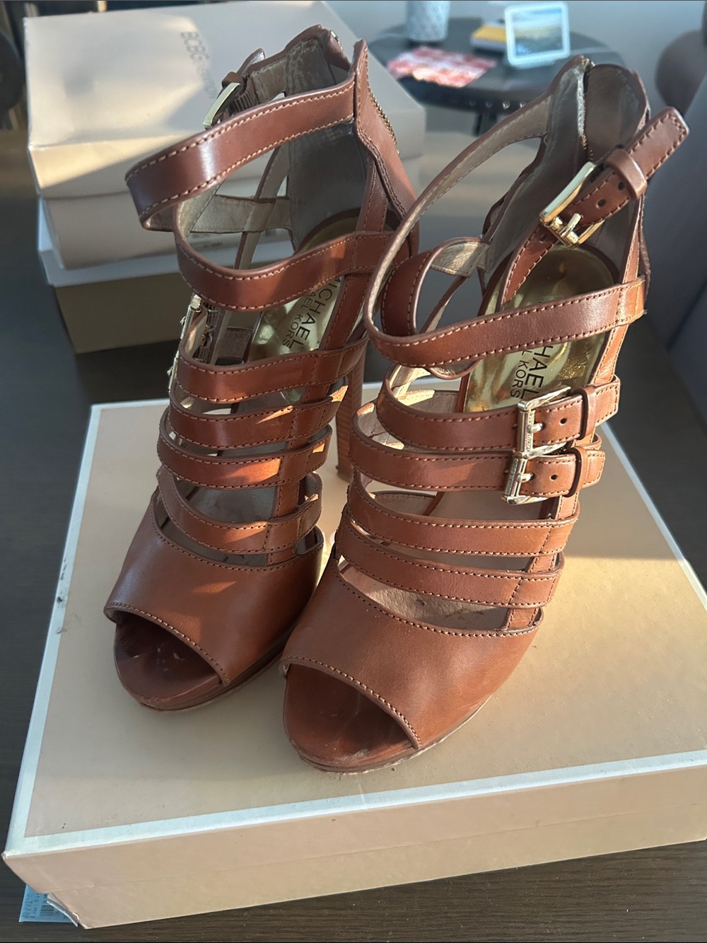 Michael Kors Cognac Brown Leather Strappy Peep-Toe Heels